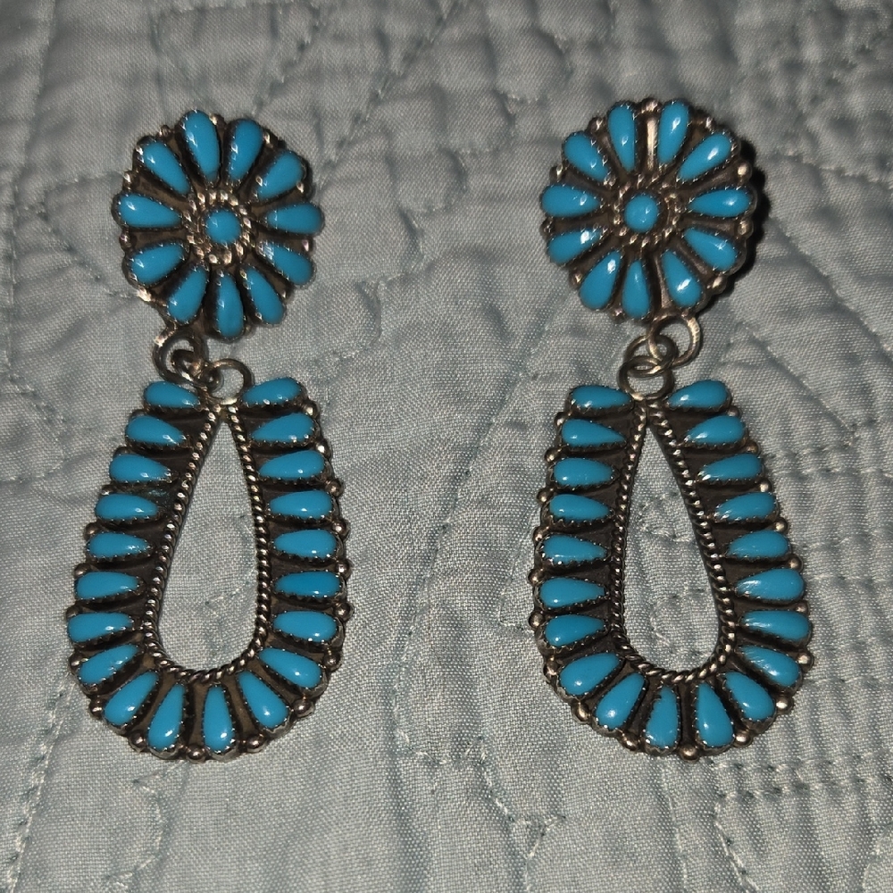 Authentic Native Made Turquoise Silver Floral Dro… - image 1